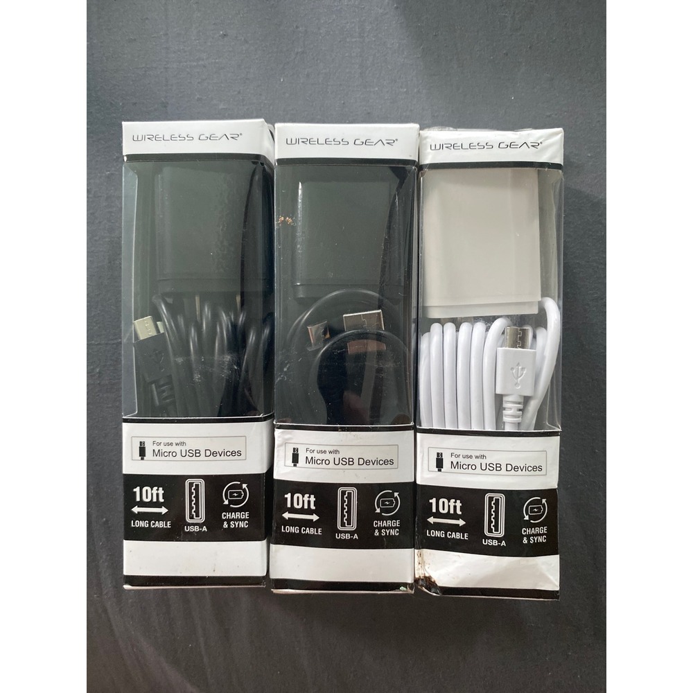 Wireless Gear 10ft Micro USB Cable Dual USB-A Wall Charger 2.1A Lot of 3‎ NEW